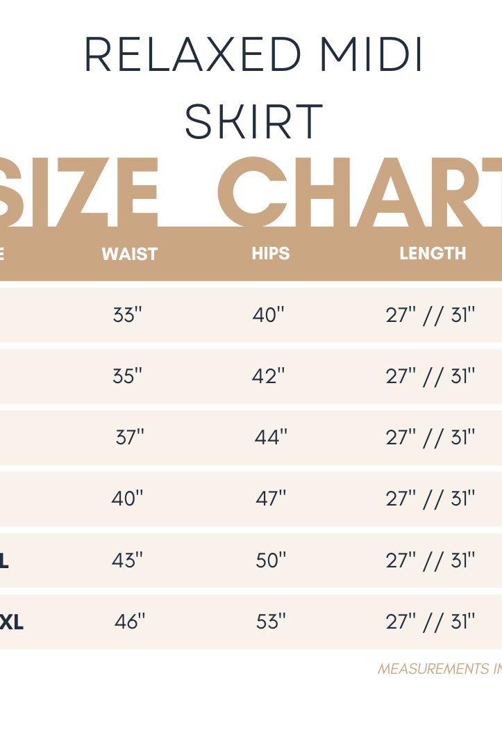 Relaxed Fit Midi skirt BY Nuggles® size chart with waist, hip, and length measurements for sizes S to XXXL.