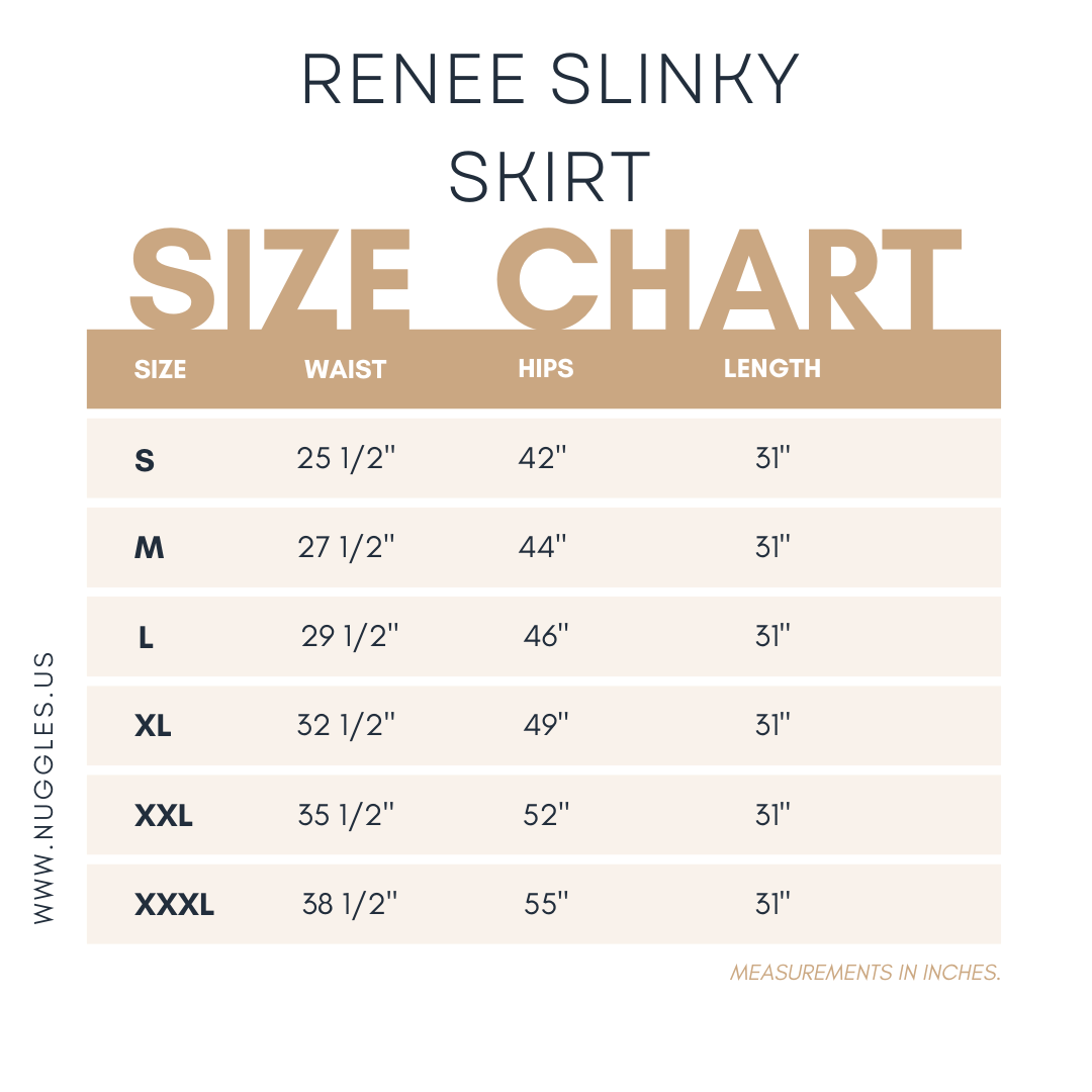 Nuggles® Renee Slinky Skirt size chart with waist, hip, and length measurements for modest midi skirt sizing.