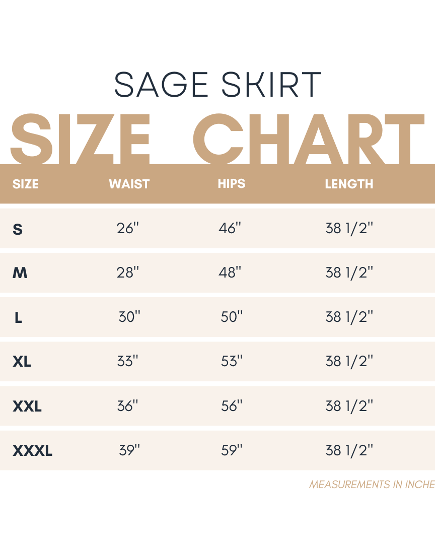 Size chart for the Nuggles® Sage Skirt with measurements in inches.