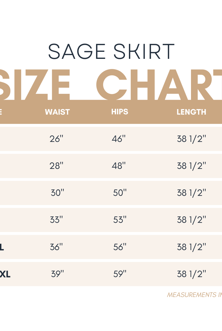 Size chart for the Nuggles® Sage Skirt with measurements in inches.