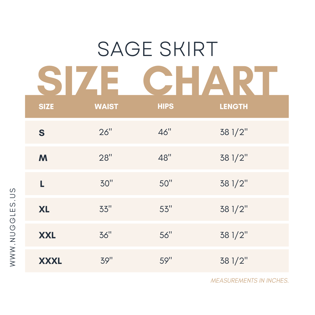 Size chart for the Nuggles® Sage Skirt with measurements in inches.