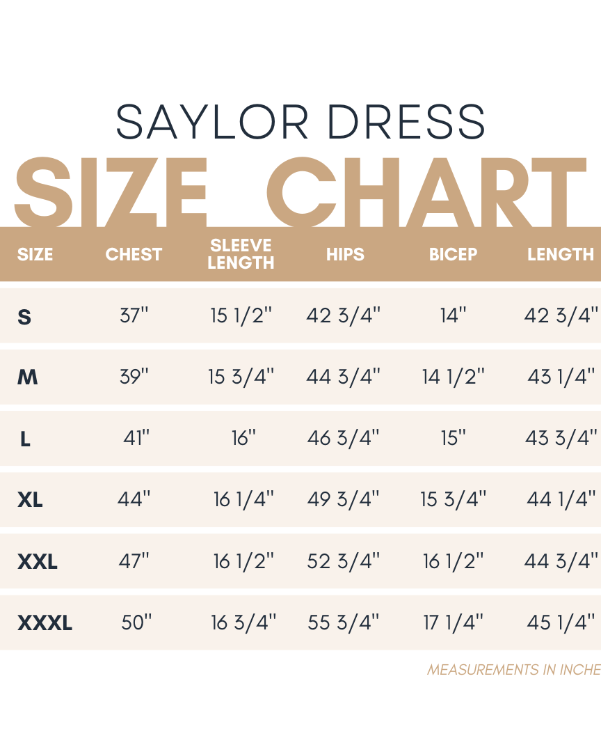Size chart for the Nuggles® Saylor Dress with measurements in inches.