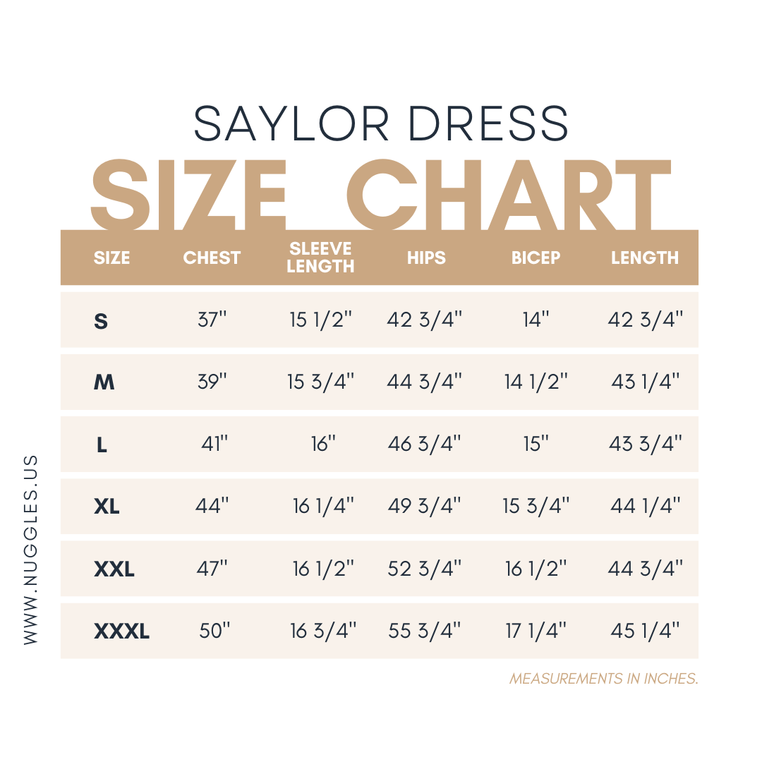 Size chart for the Nuggles® Saylor Dress with measurements in inches.
