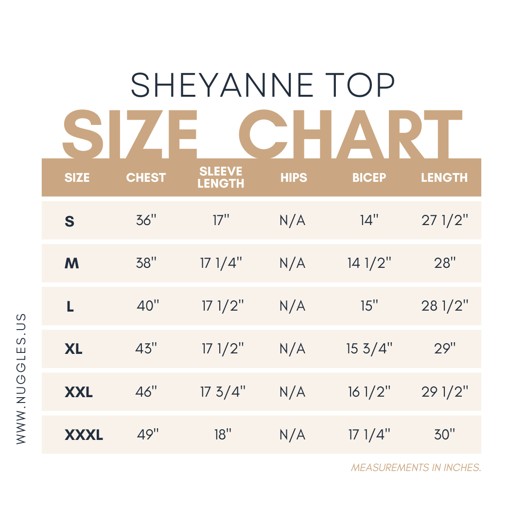 Nuggles® women's modest clothing size chart – detailed measurements for tops, to help choose the perfect fit.