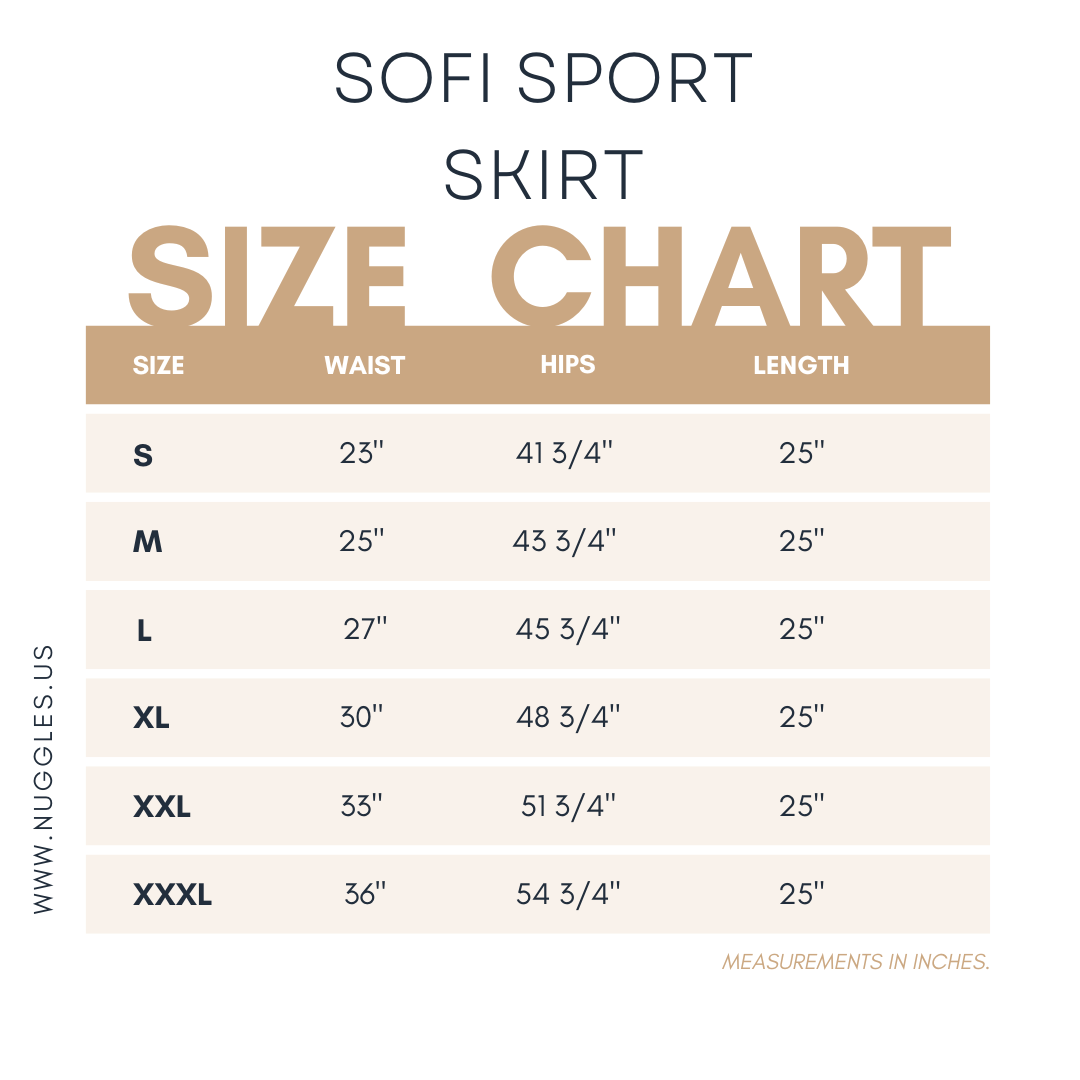 Sofi Sport Skirt size chart – Nuggles® modest activewear measurements