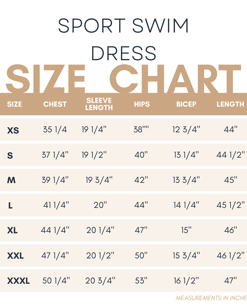 Size chart for the Nuggles® Sport Swim dress measurements in inches