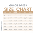 Nuggles® Gracie Dress size chart showing detailed measurements for bust, waist, hips, and length.