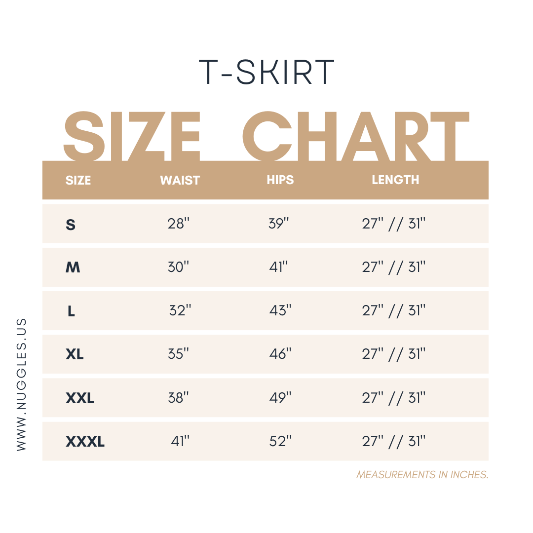 Nuggles® Size chart for modest midi tee skirt in 27-inch and 31-inch lengths.