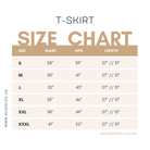 Nuggles® T-Skirt size chart with waist, hip, and length measurements in inches for sizes S to XXXL