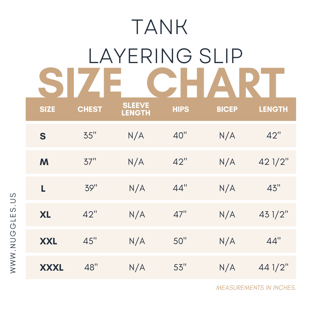 Size chart for Nuggles® Tank Layering Slip with measurements in inches