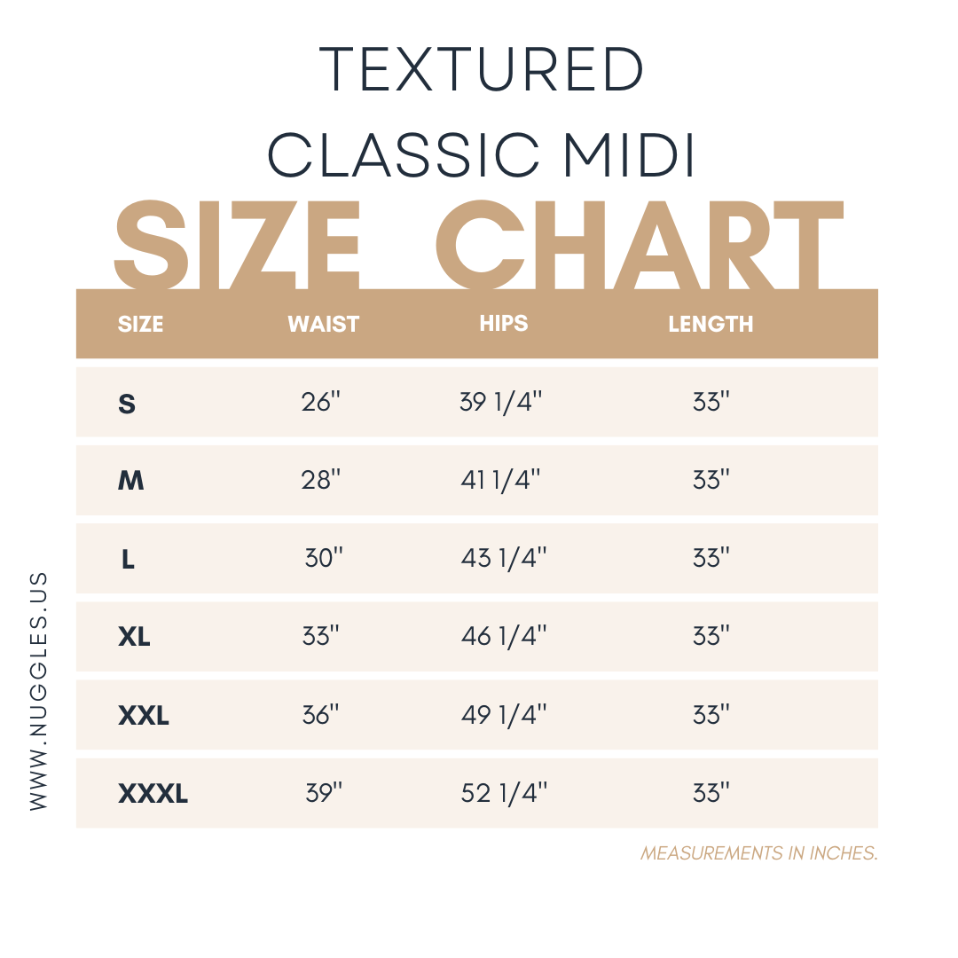 Size chart for the Nuggles® Textured Classic Midi Skirt, showing waist, hip, and length measurements for sizes S to XXXL; all lengths are 33 inches.