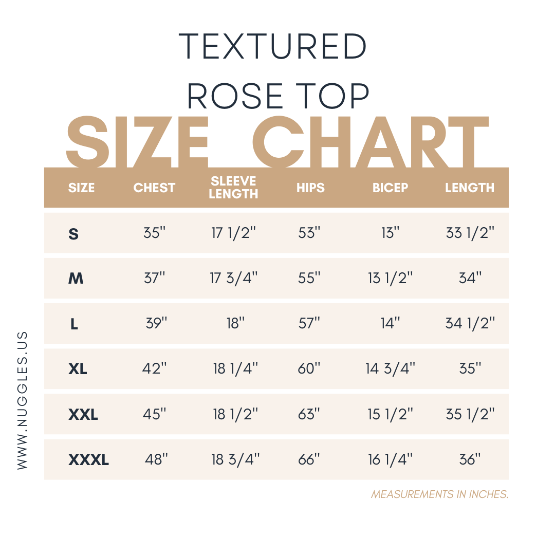 Women's modest clothing size chart for Nuggles Rose Top – bust, length, and hip measurements in inches