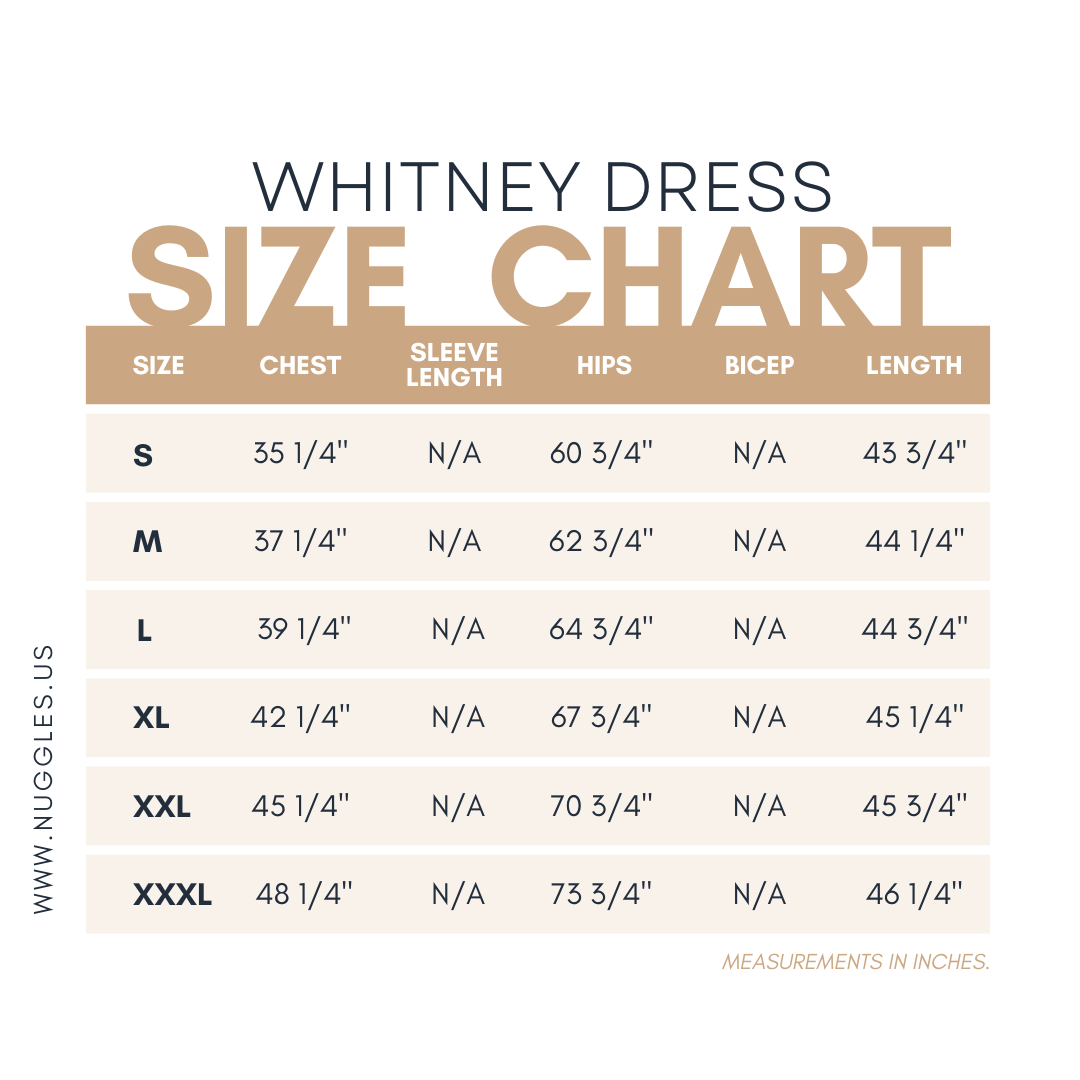 Whitney Layering Dress size chart showing chest, hip, and length measurements for sizes S to XXXL, with measurements in inches.