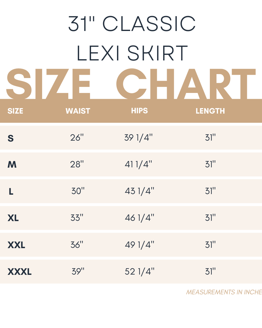 Nuggles® size chart for our 31" Lexi Skirt in inches