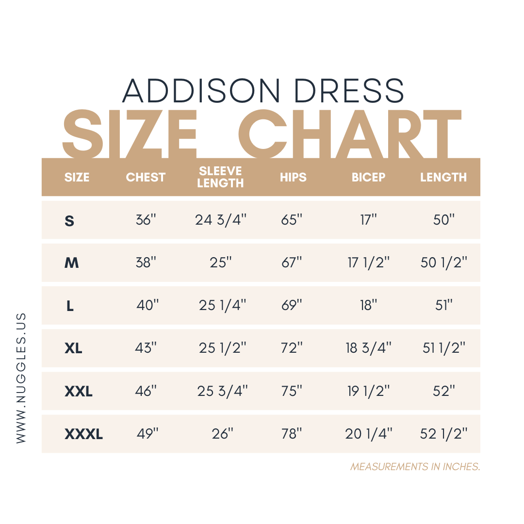 Size chart for Nuggles® Addison Dress with measurements in inches