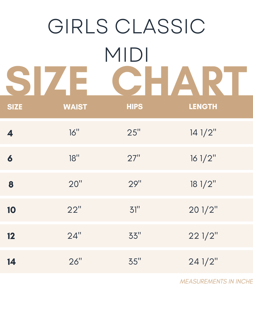 Nuggles® size chart for Girls' Classic Skirt