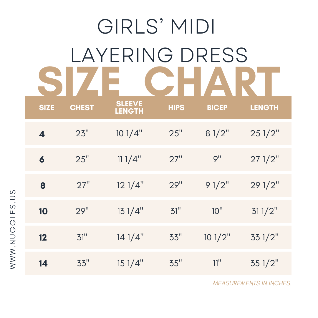 Nuggles® girls midi layering dress size chart for girls modest fit.