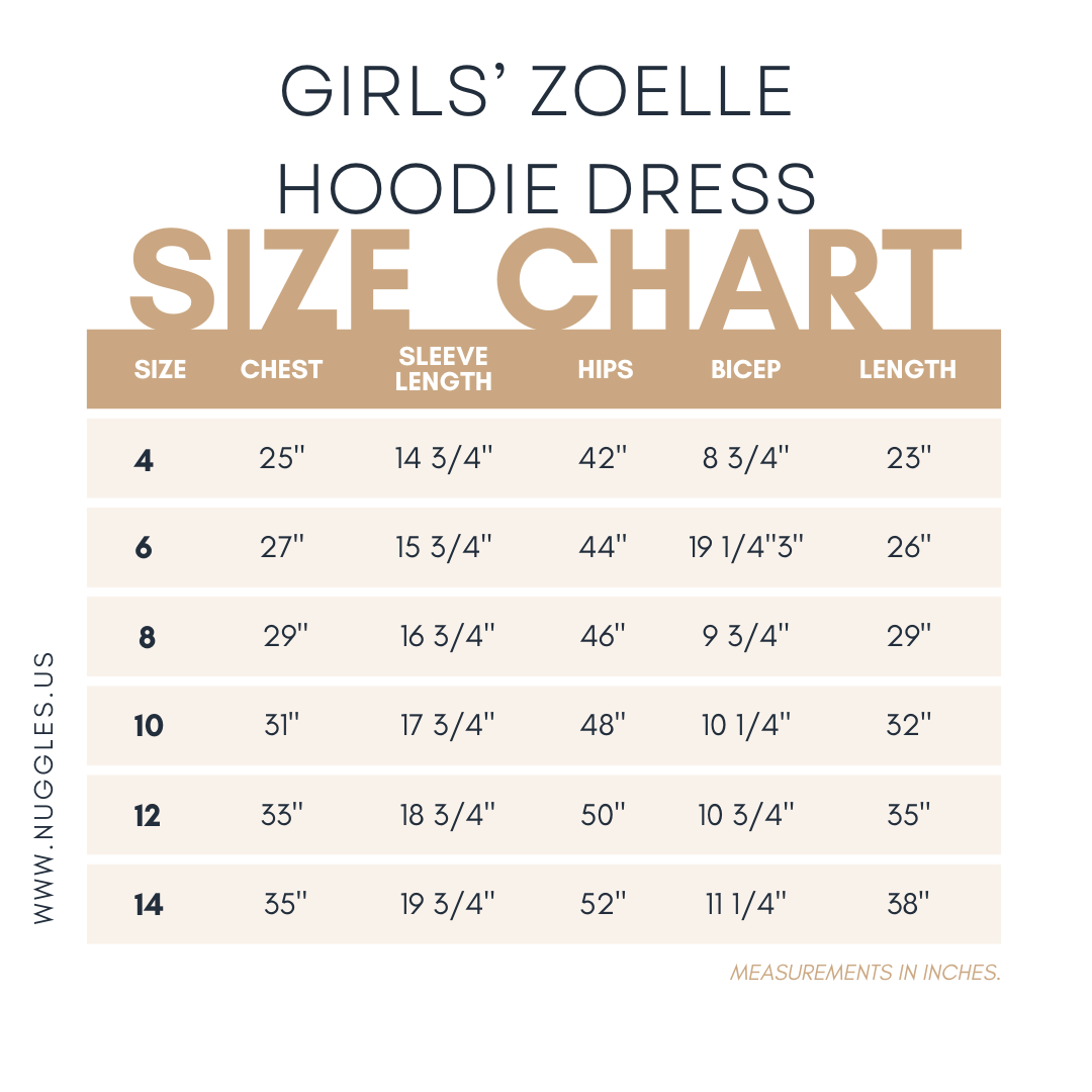 Zoelle Hoodie Dress size guide – Nuggles® modest girls dress sizing.