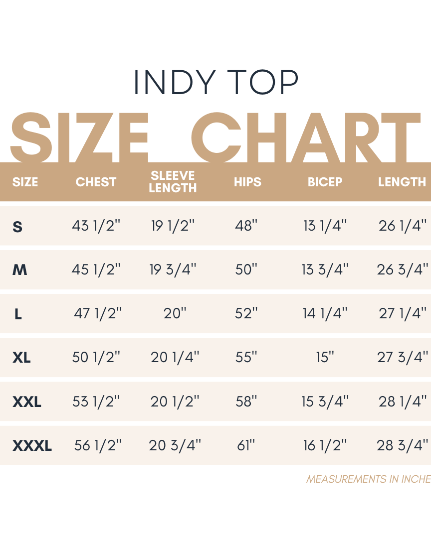 Nuggles® Indy Top women’s size chart with measurements for accurate fit