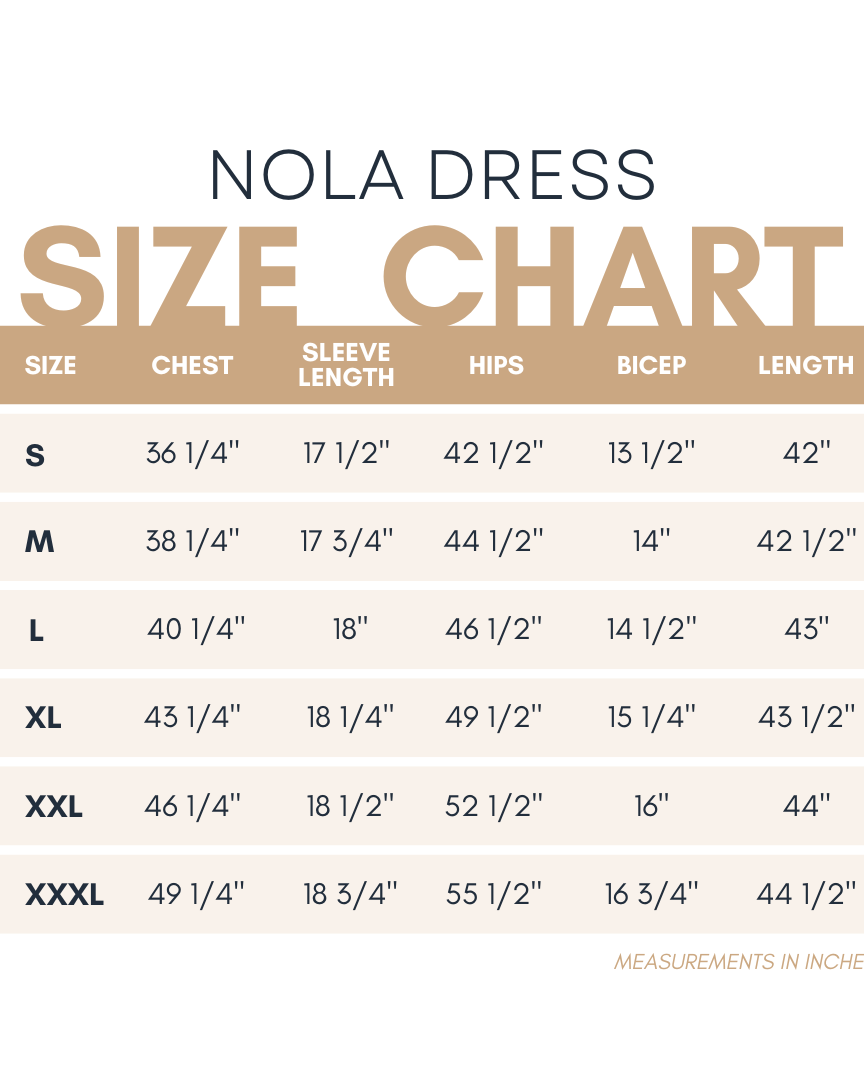 Size chart for the Nuggles® Nola Dress with measurements in inches.