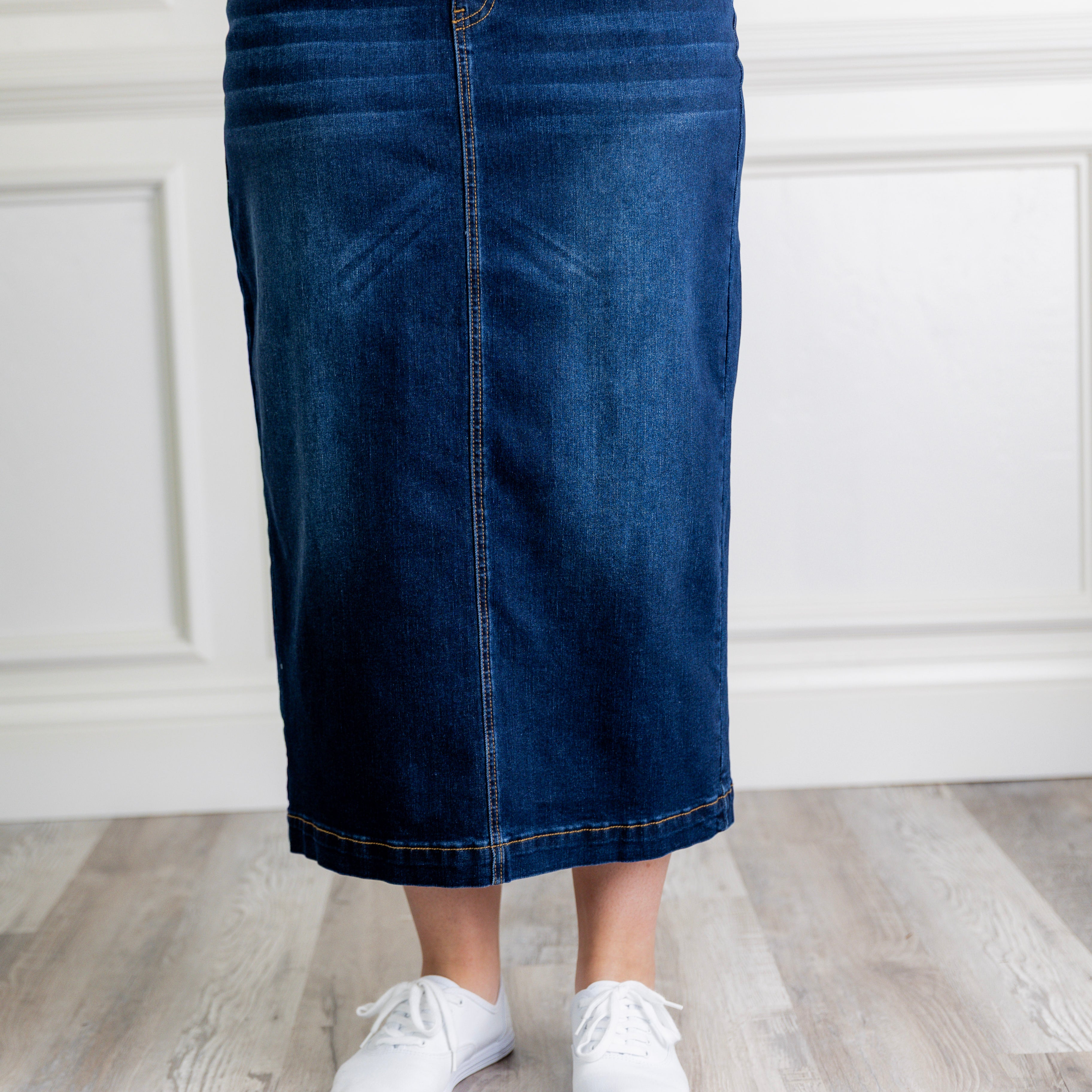 Model wearing Nuggles® modest 34" Denim Skirt.
