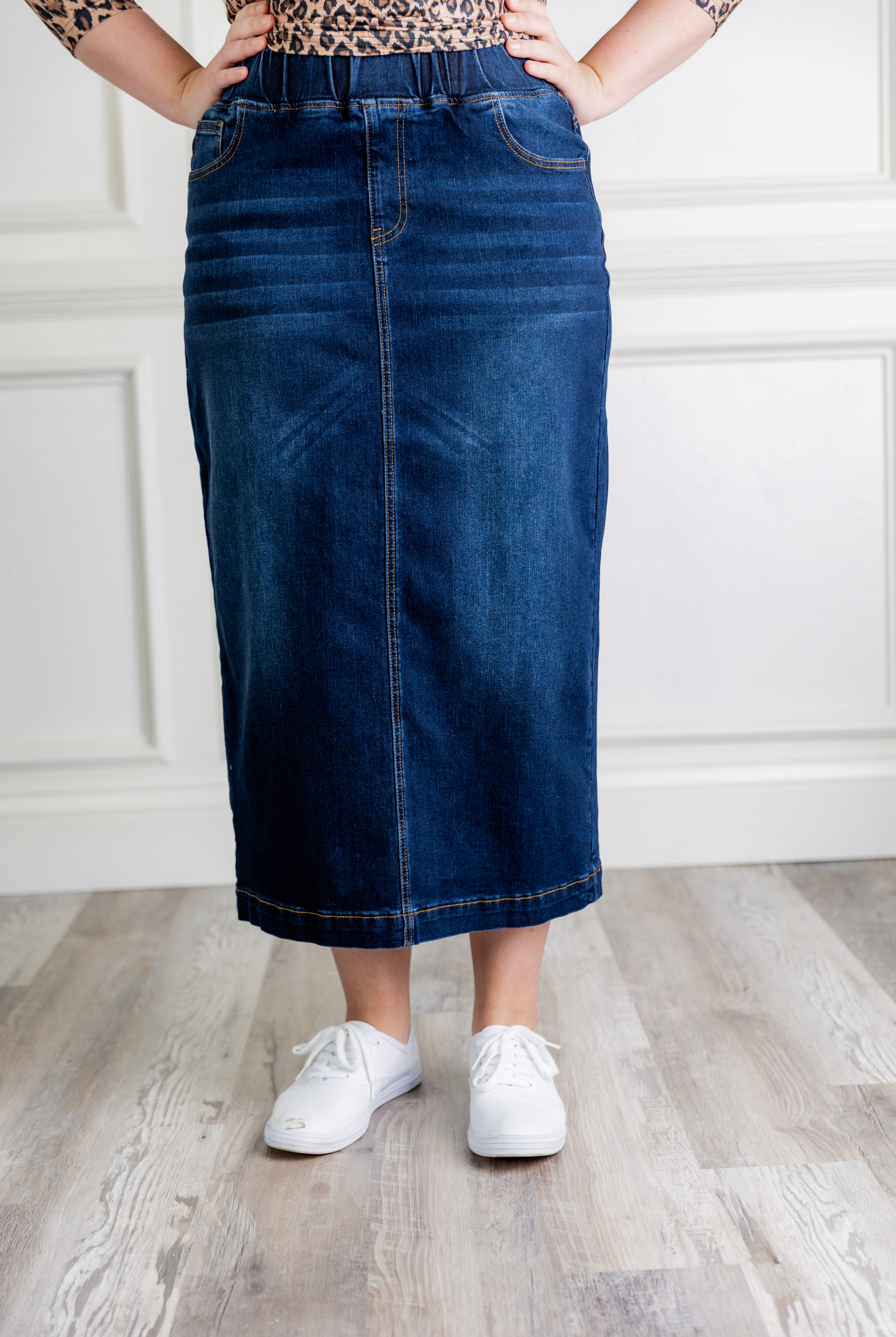Model wearing Nuggles® modest 34" Denim Skirt.