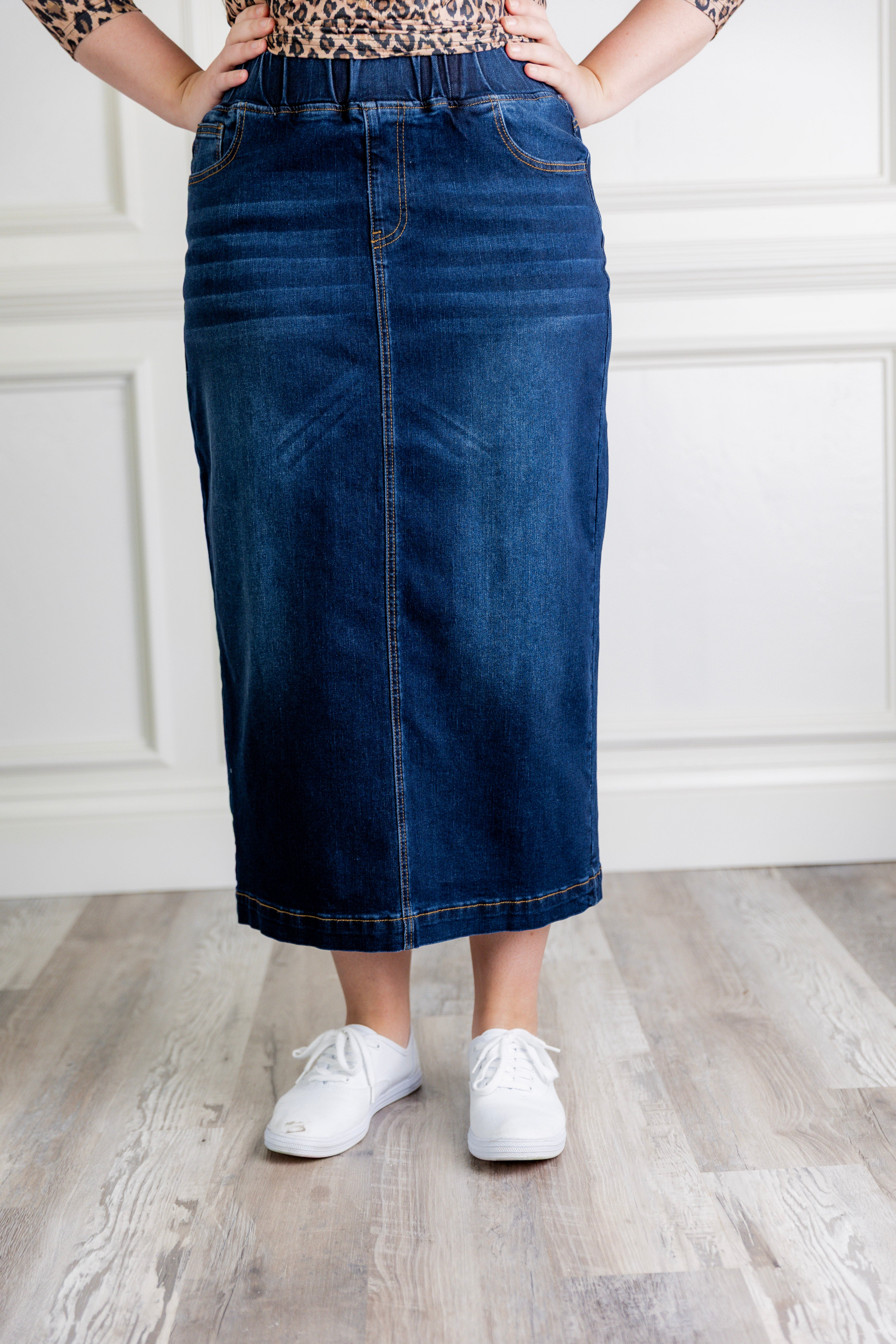 Model wearing Nuggles® modest 34" Denim Skirt.