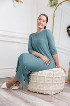 Nuggles® Allie Dress – Modest ribbed knit T-shirt dress with 3/4 sleeves and front pocket.