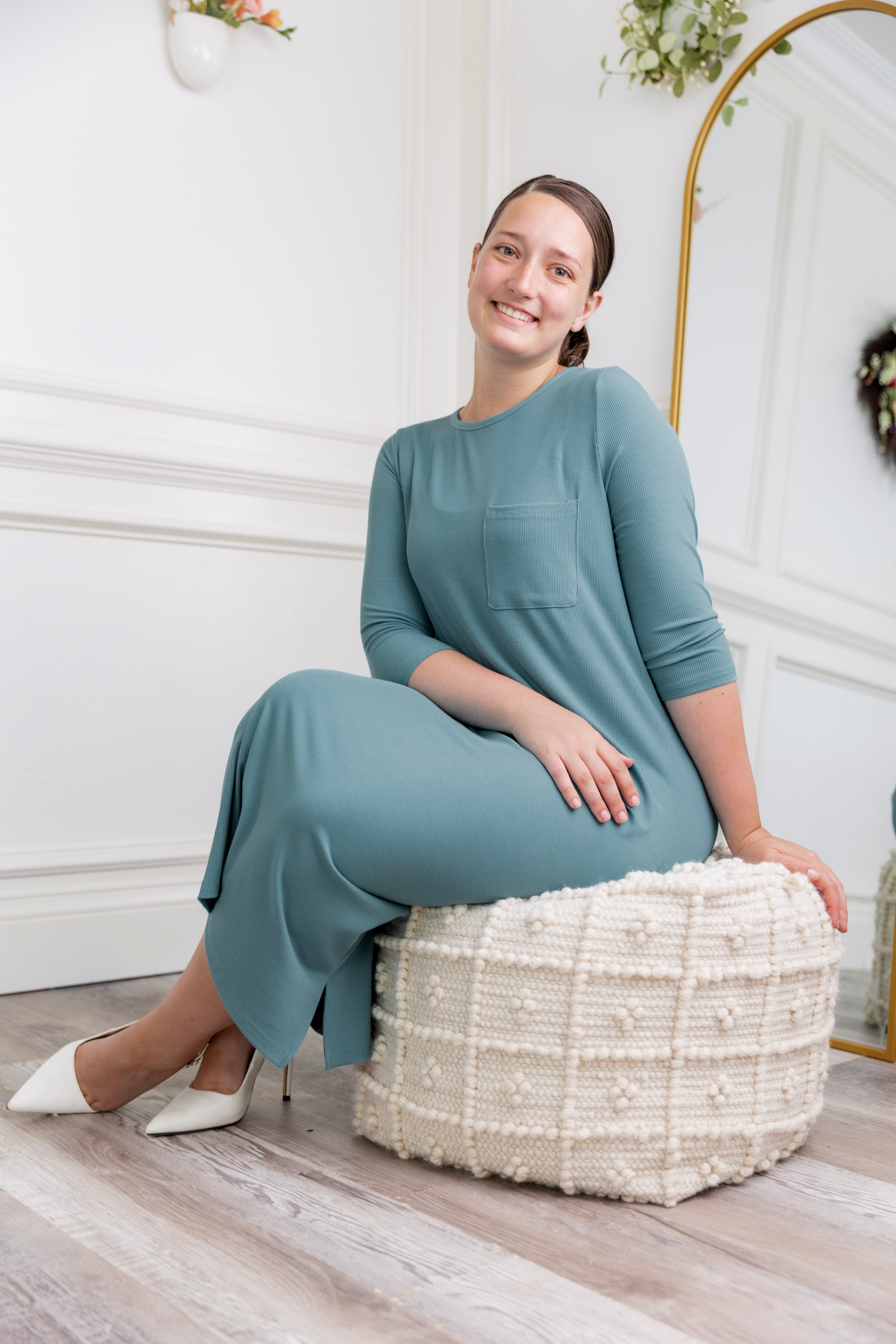 Nuggles® Allie Dress – Modest ribbed knit T-shirt dress with 3/4 sleeves and front pocket.