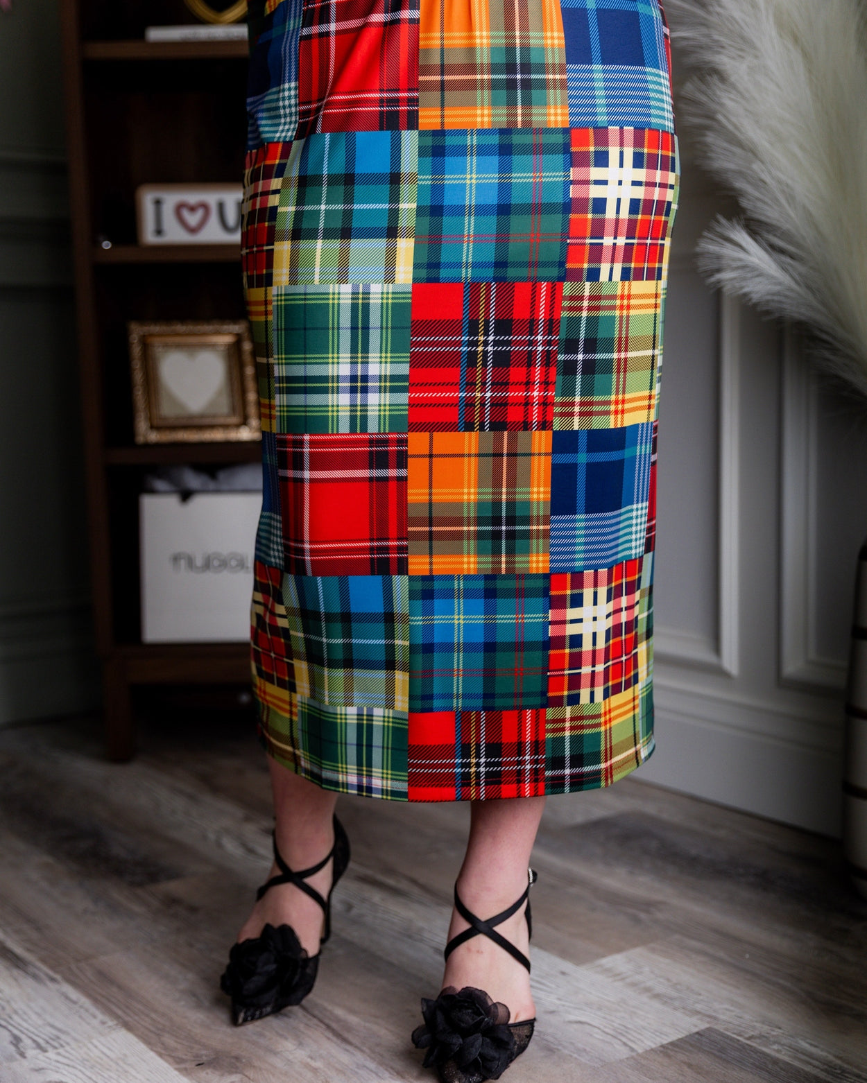 31" Lightweight Lined Pencil Skirt in Patch Plaid - Final Sale nuggles-clothing