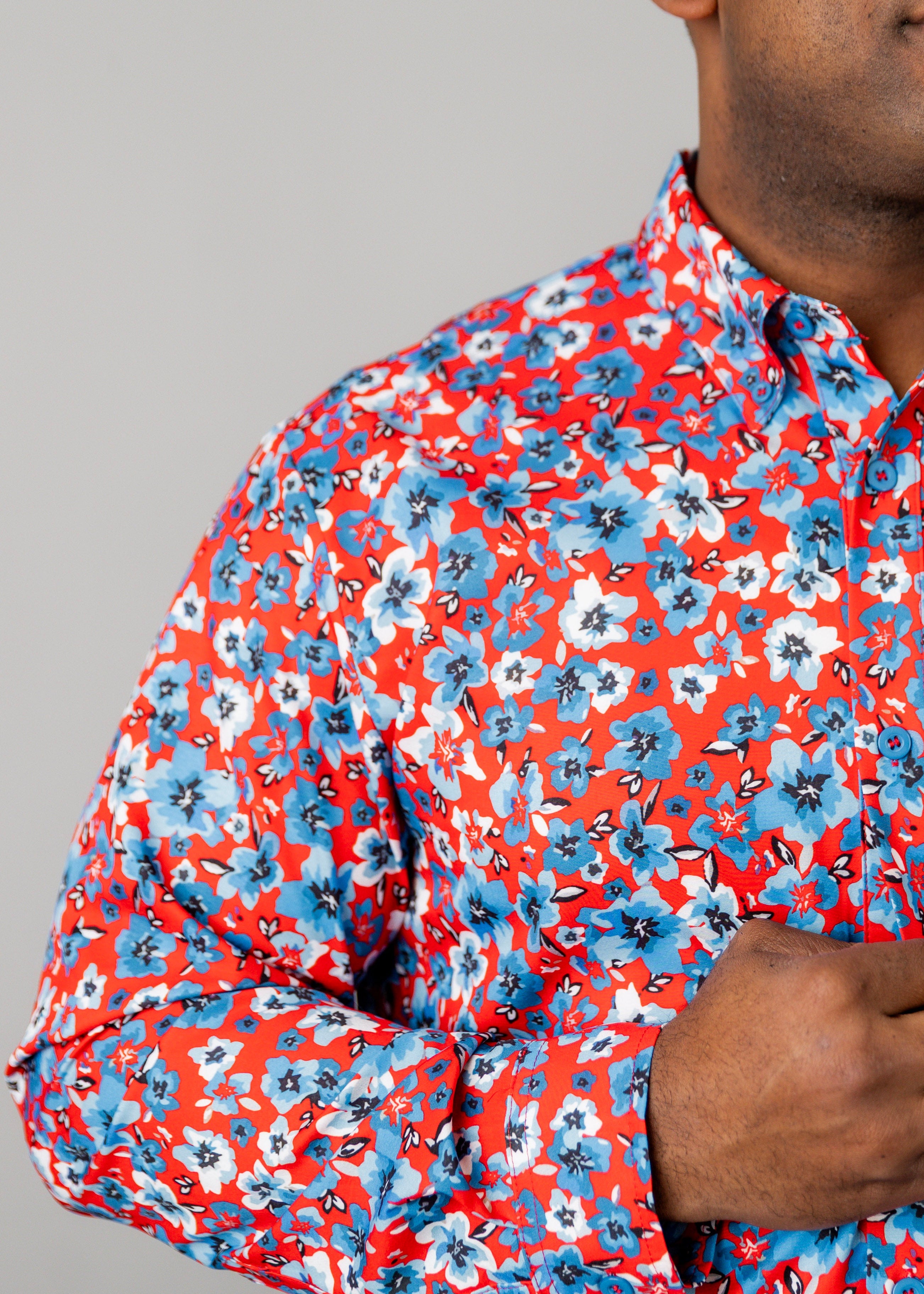 Model wearing Nuggles® Men's Button Down Shirt in Pinstripe Ditsy