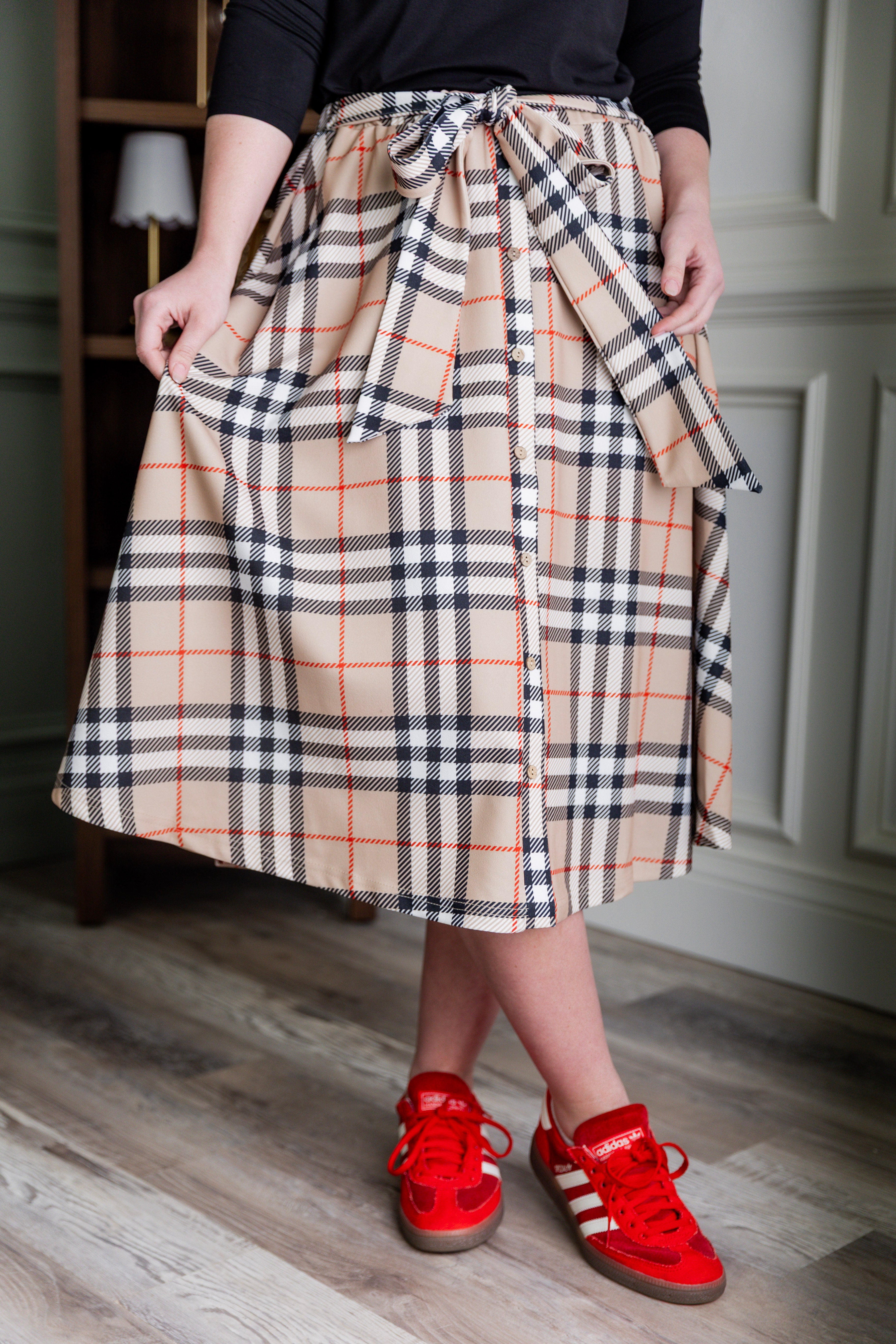 Nuggles® Bria Skirt Sand Plaid neutral plaid midi skirt with waist tie