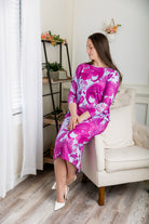 Modest dolman sleeve dress for women with relaxed fit and tapered hem, made from soft stretch knit fabric – perfect for everyday wear.