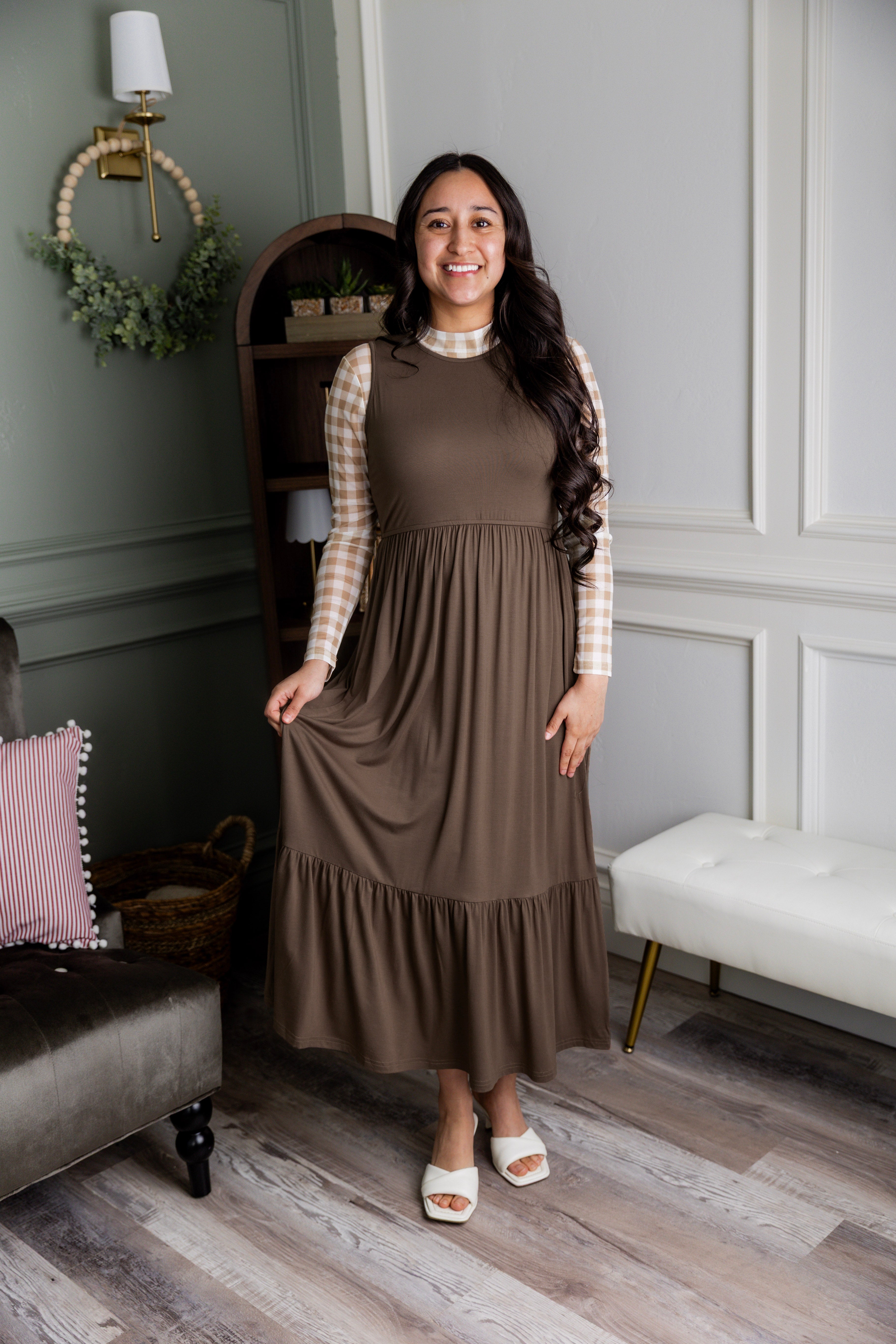Model wearing the Nuggles® Riley Dress in Mocha Brown