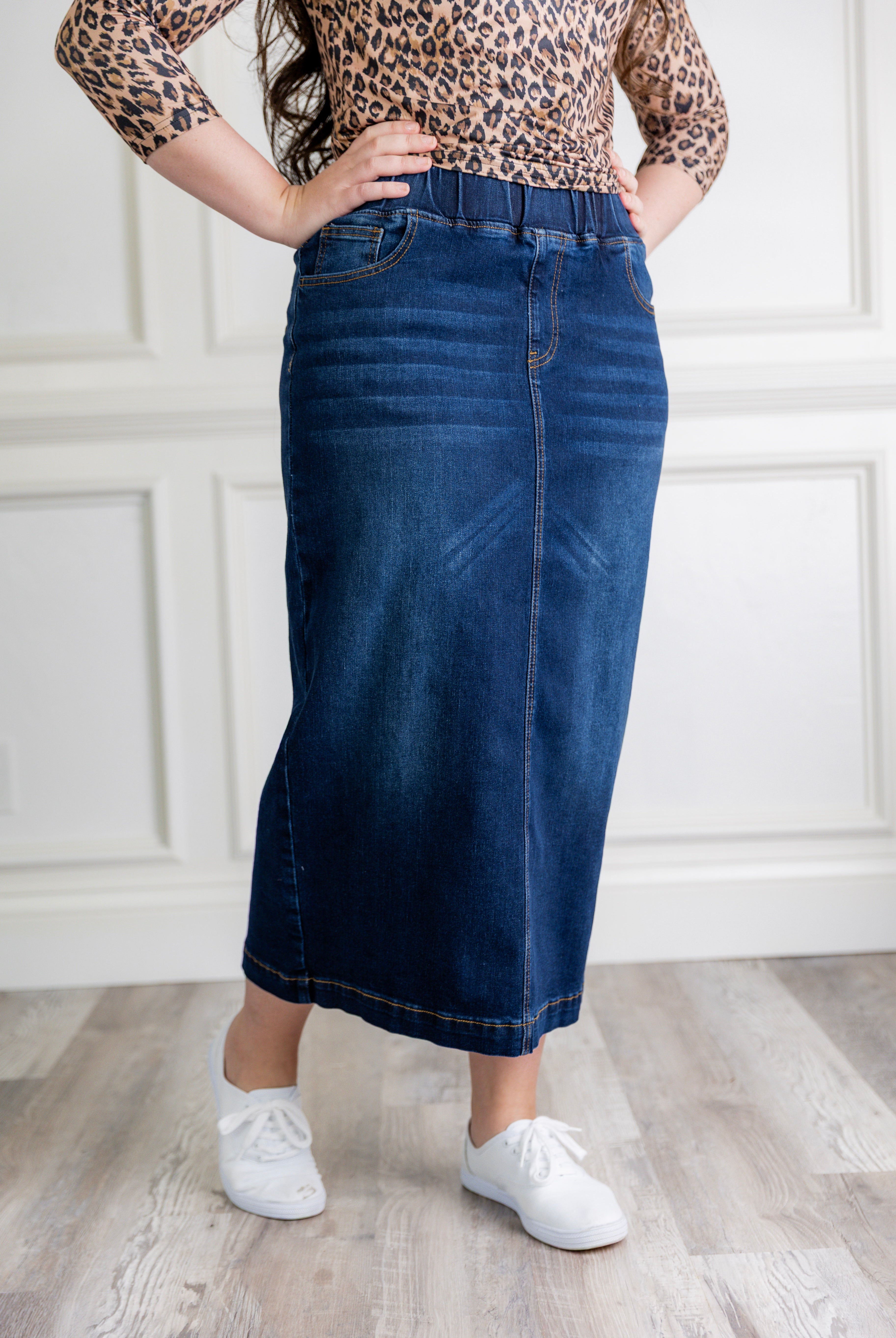 Model wearing Nuggles® modest 34" Denim Skirt.