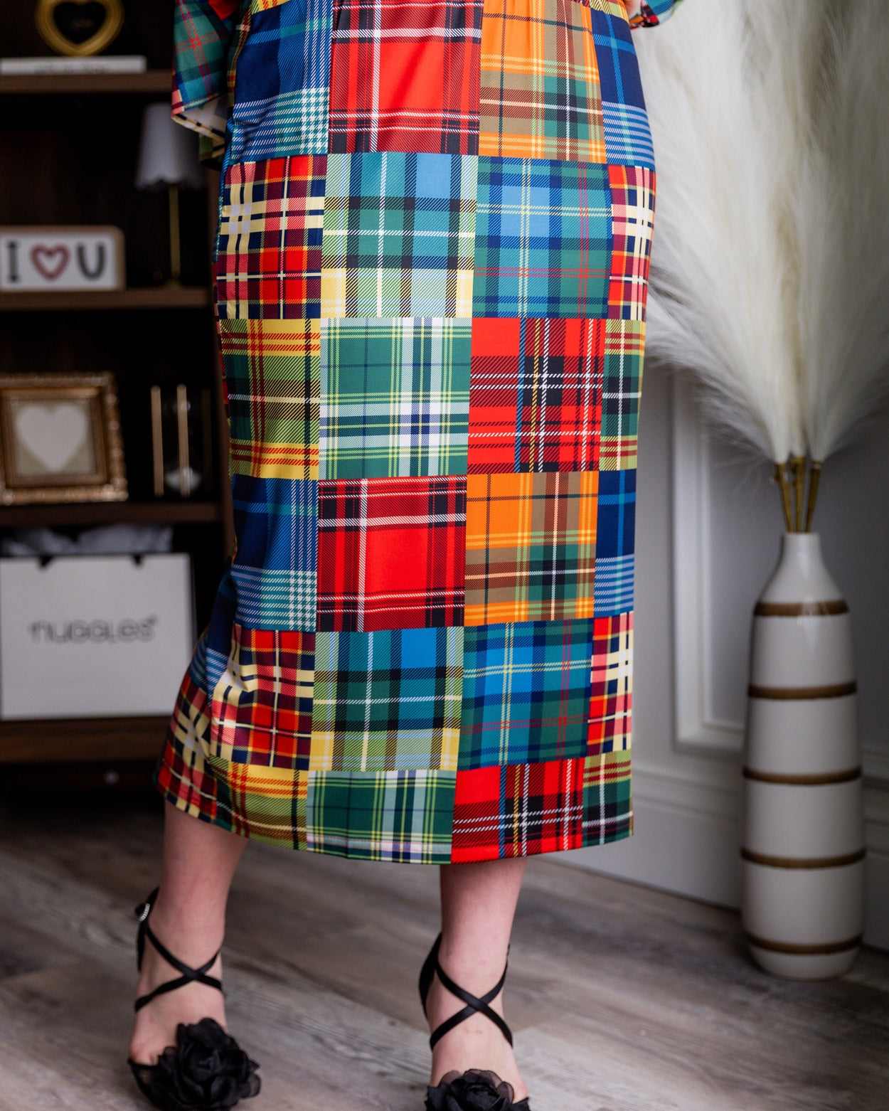 31" Lightweight Lined Pencil Skirt in Patch Plaid - Final Sale nuggles-clothing