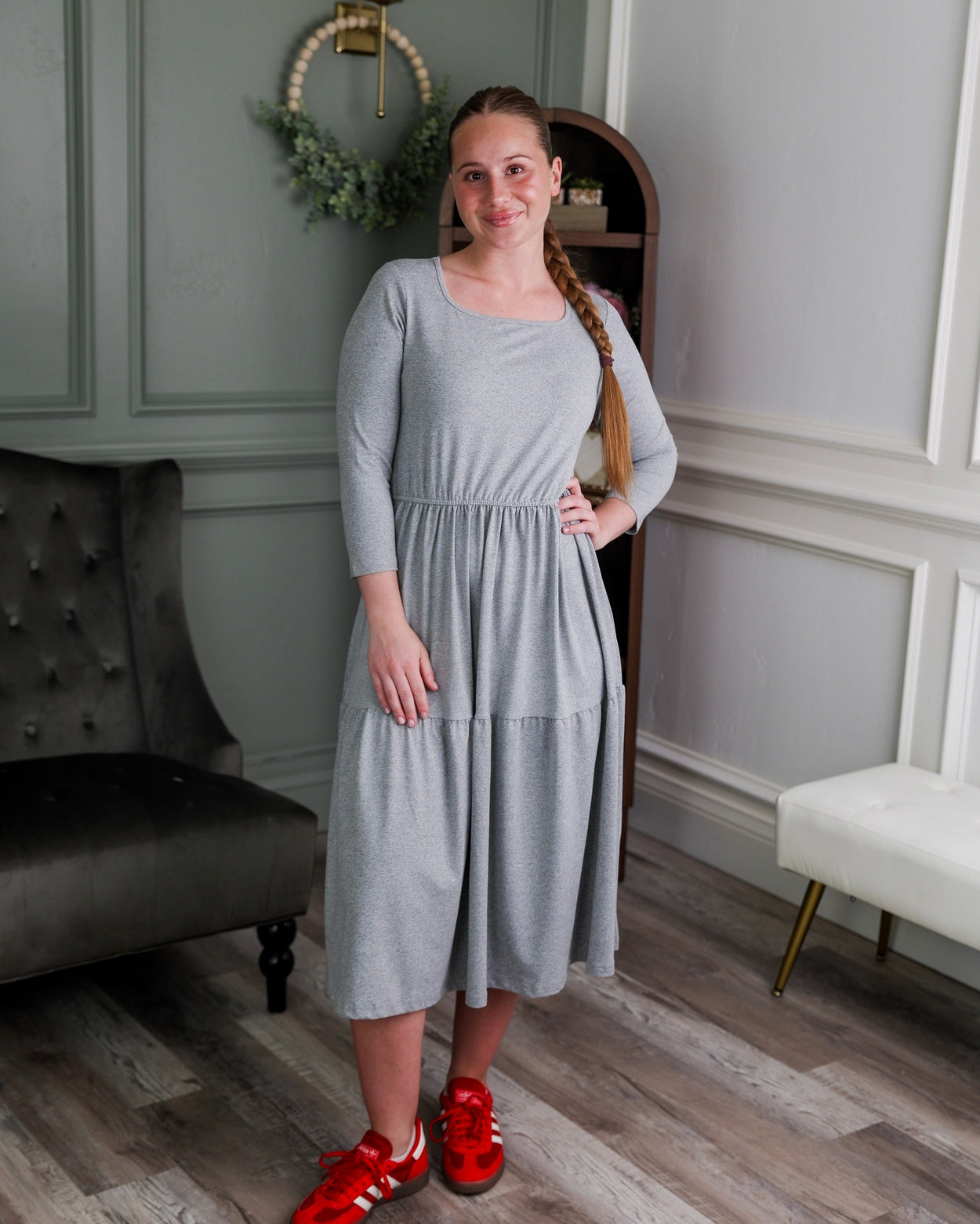 Model wearing Nuggles® Nova Dress in Heather Gray