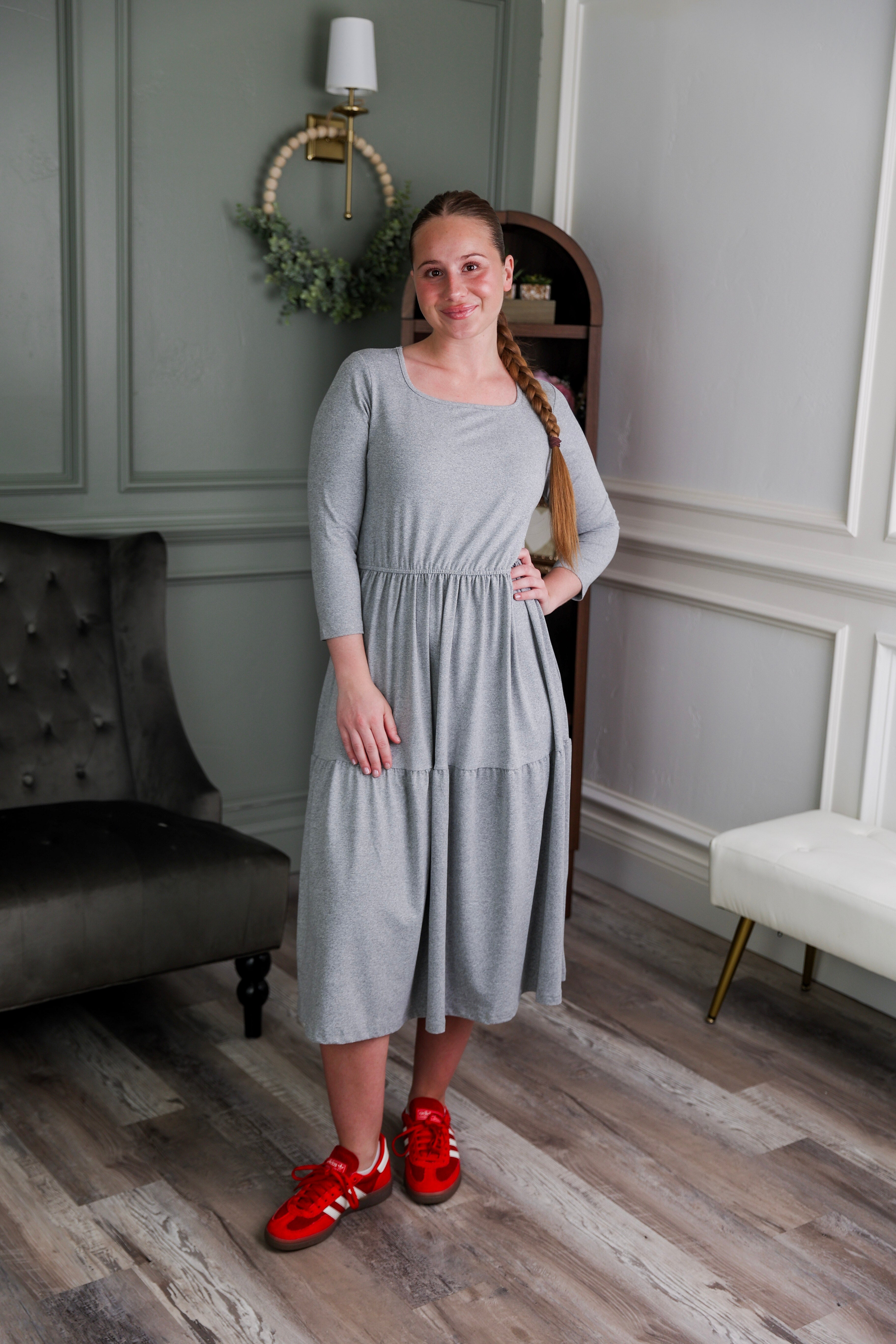 Model wearing Modest Nuggles® Nova Dress in Heather Gray