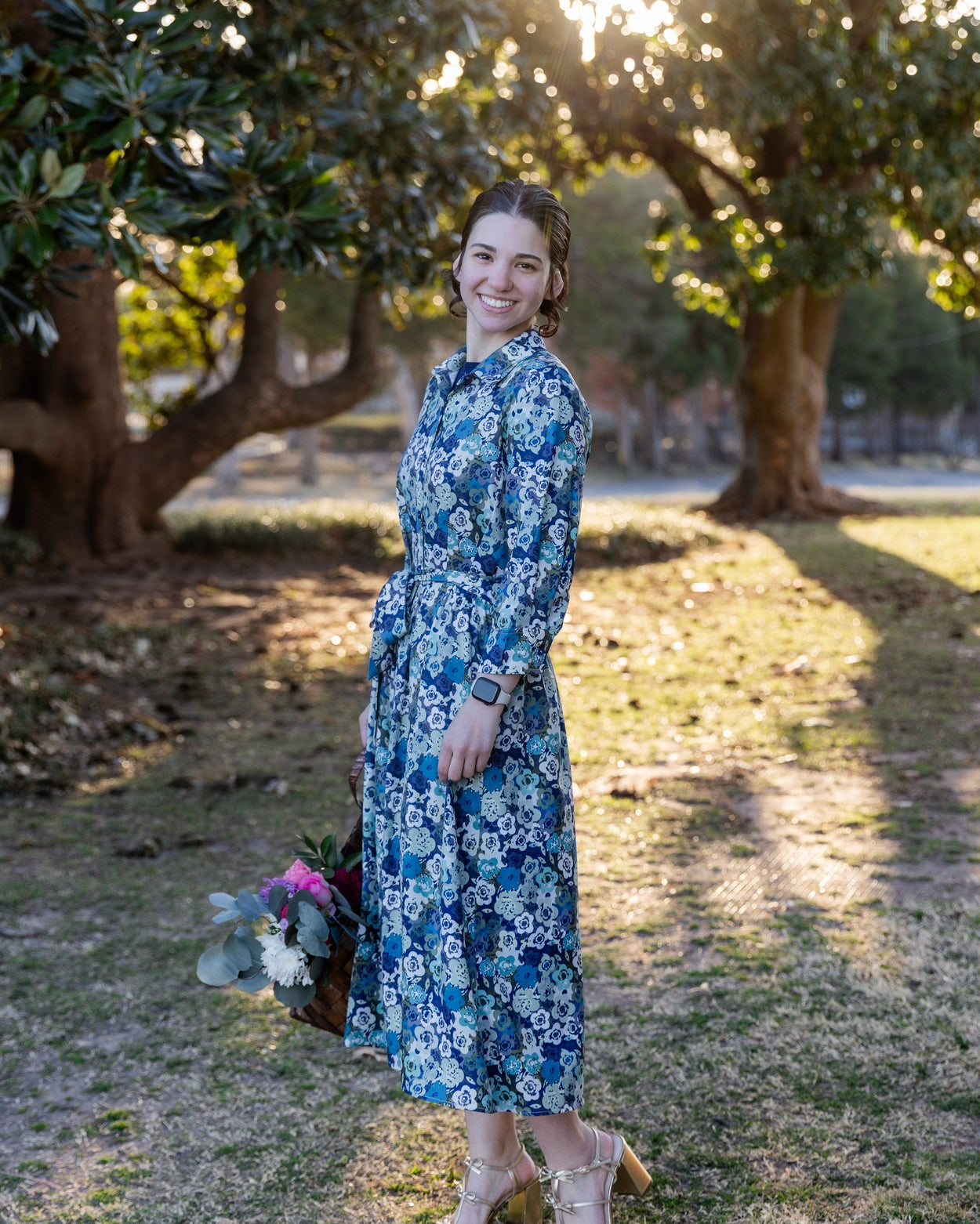 Model wearing the Nuggles® Rachel Dress in Storm Brush