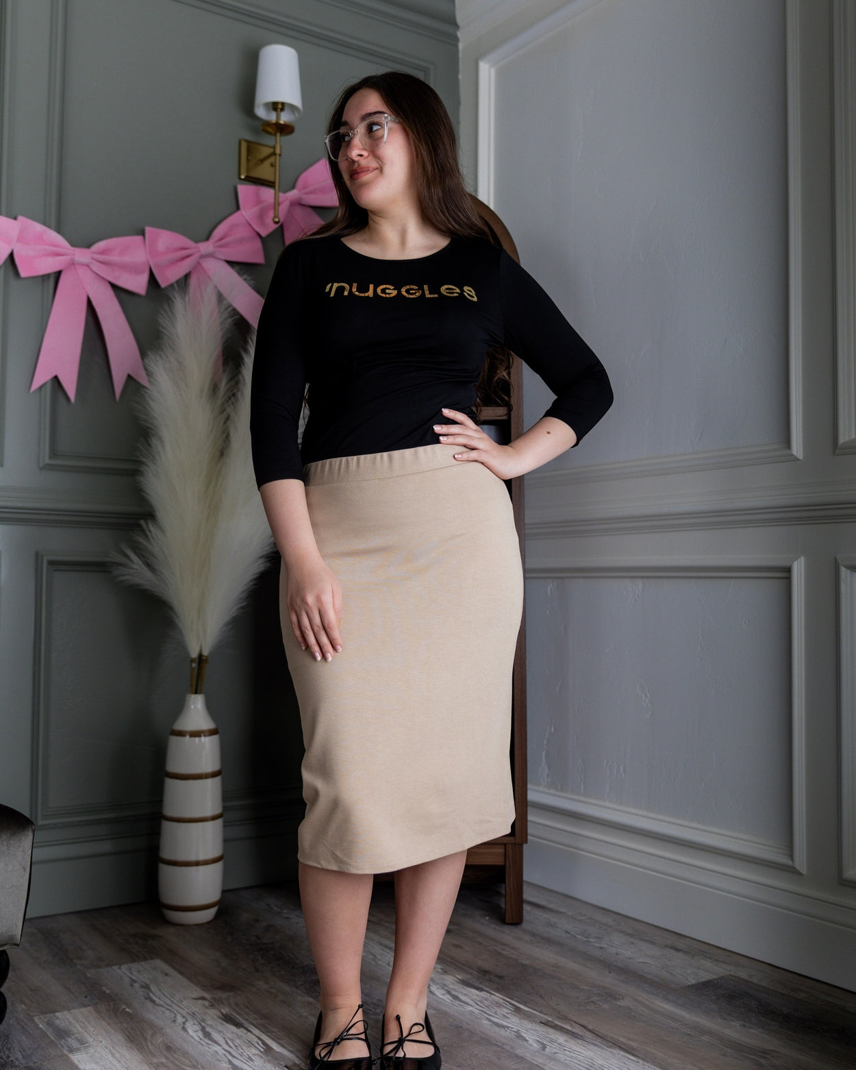25" Relaxed Midi Skirt in Khaki nuggles-clothing