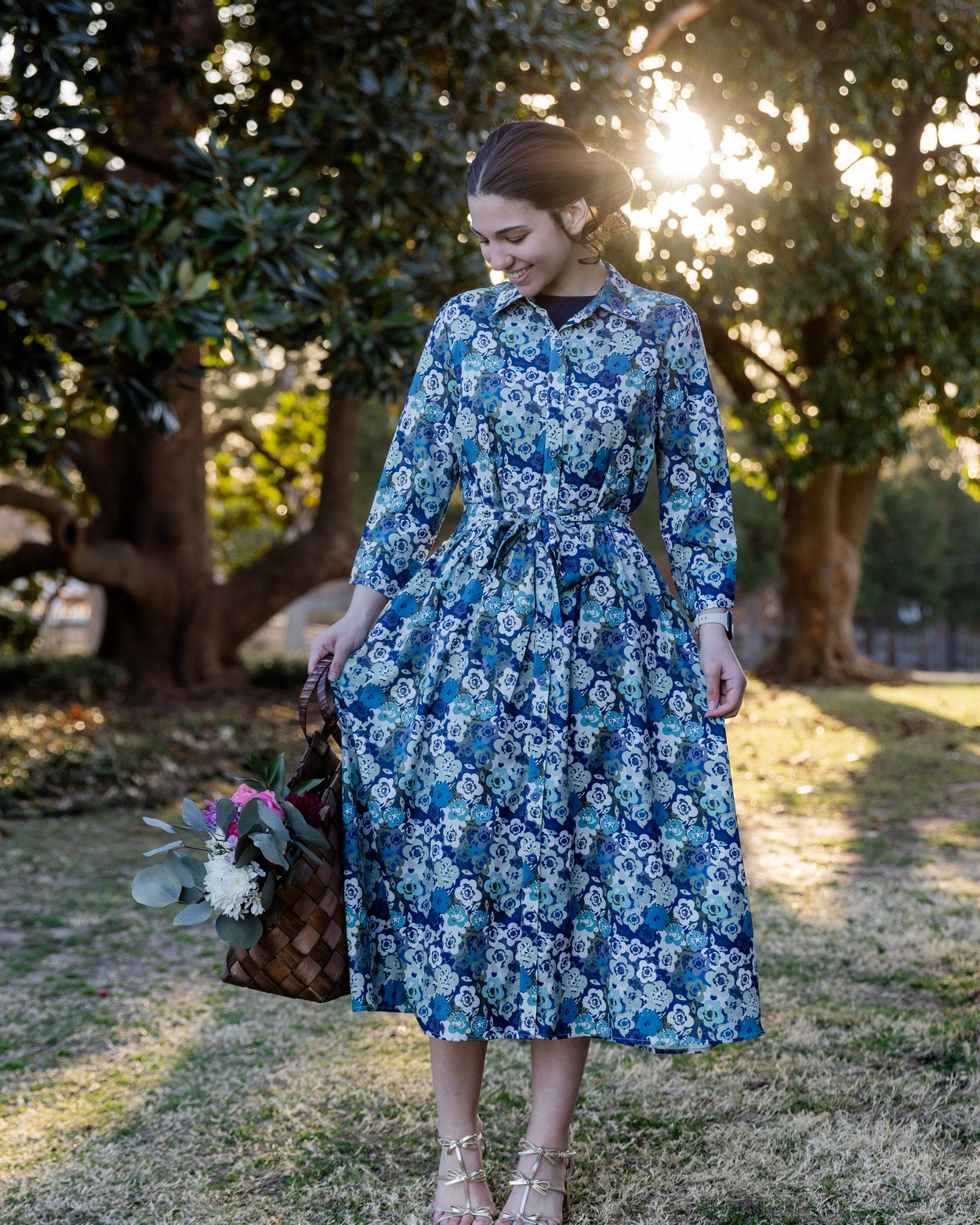 Model wearing the Nuggles® Rachel Dress in Storm Brush