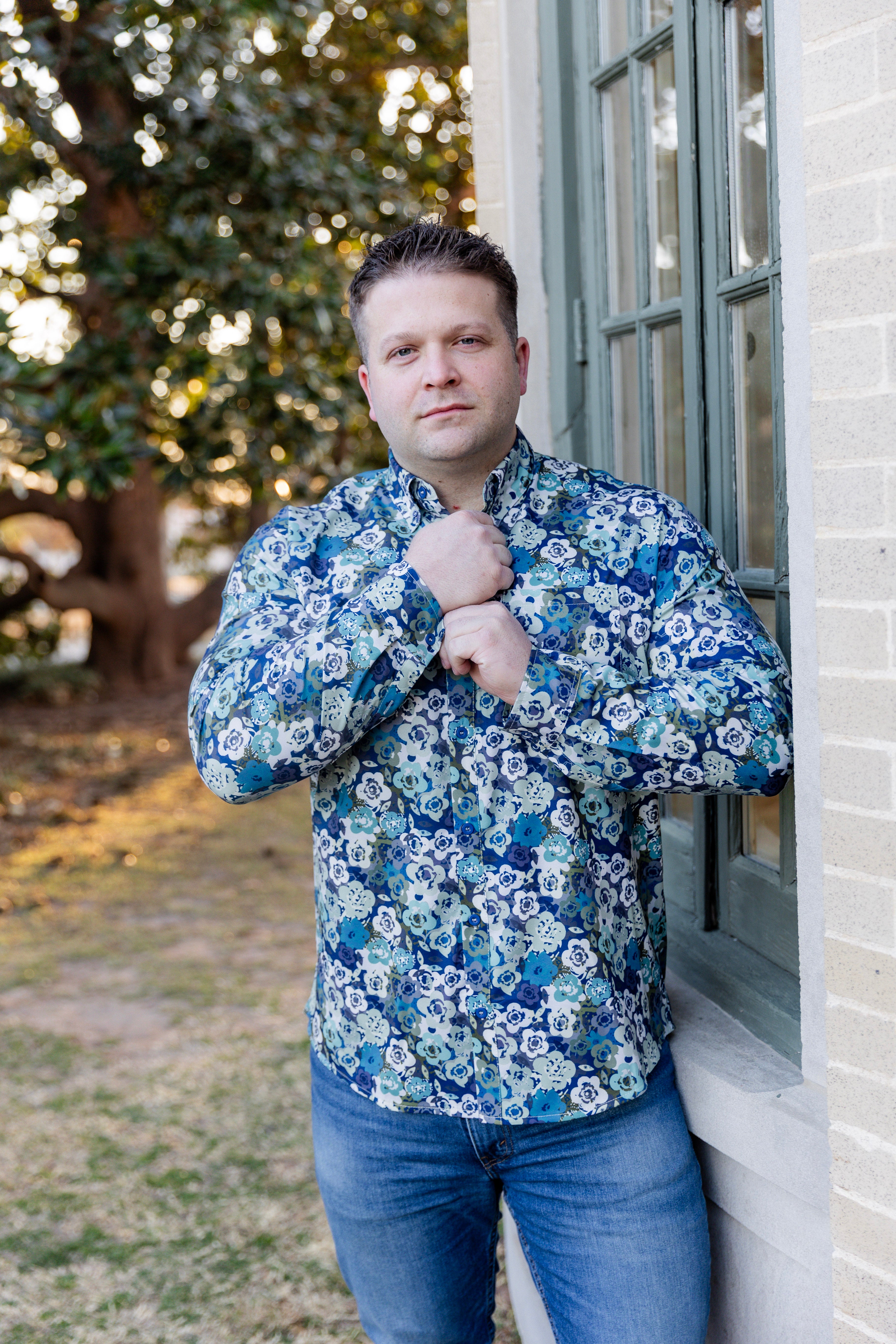 Model wearing Nuggles® Mens' Button Down Shirt Storm Brush