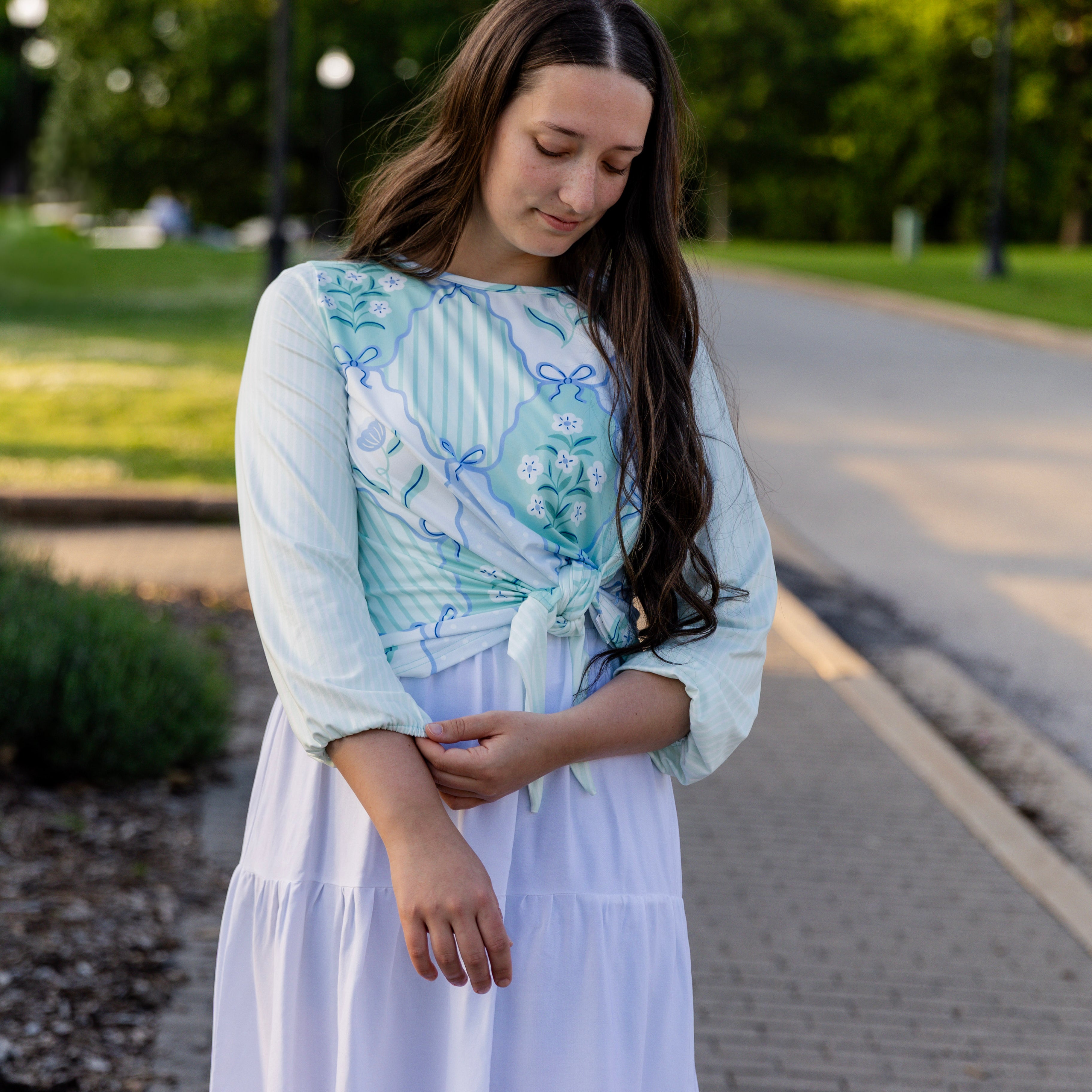 Modest long sleeve top with front knot and loose fit – Kimmy Top by Nuggles®