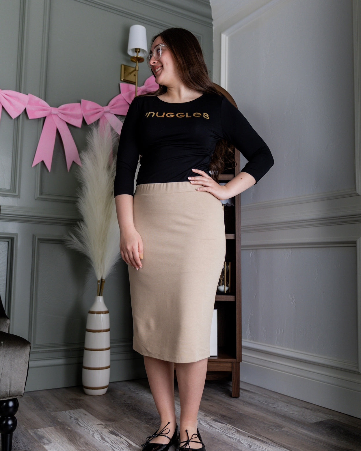 25" Relaxed Midi Skirt in Khaki nuggles-clothing