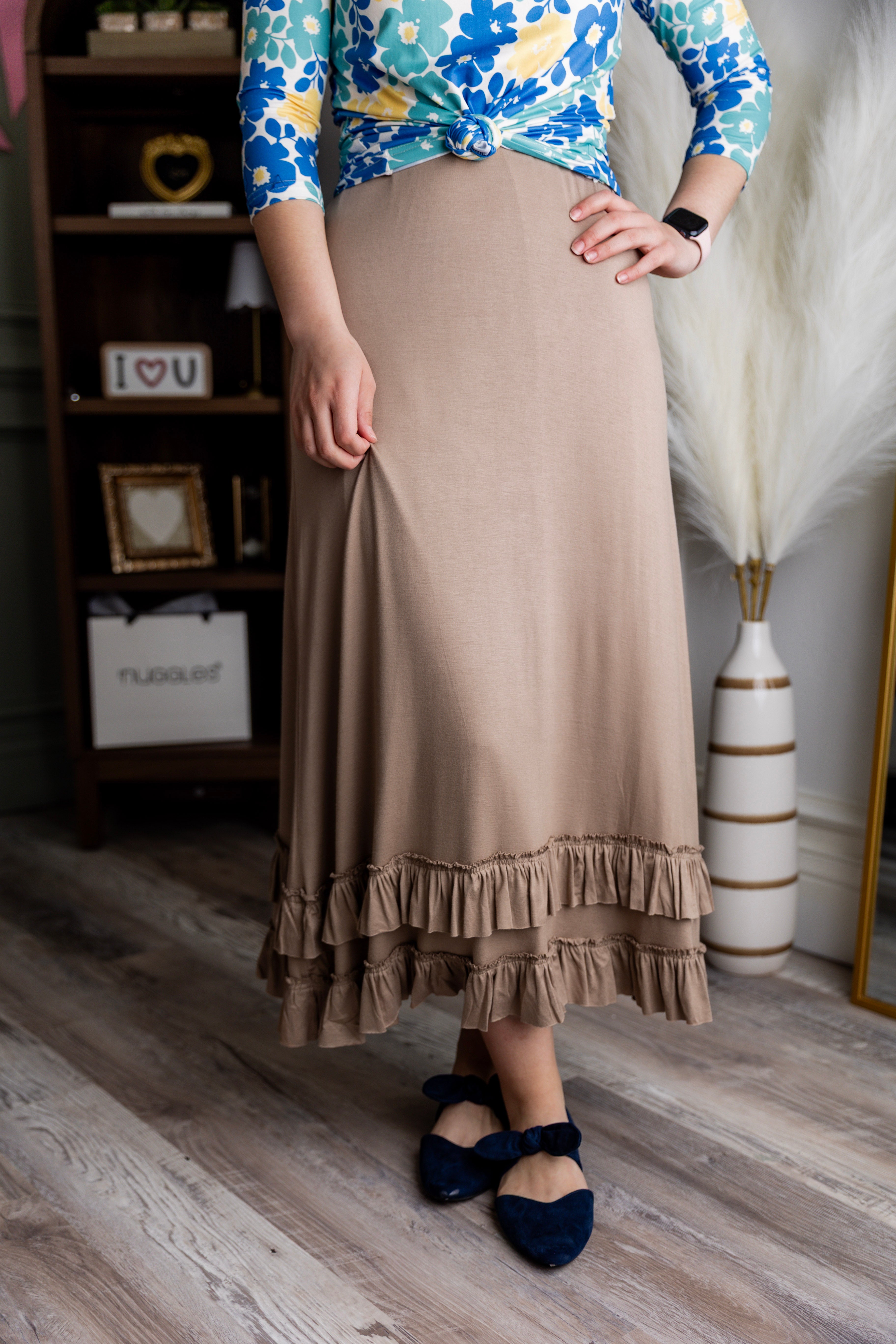 Model wearing Nuggles® Callie Skirt in Dark Khaki modest skirt