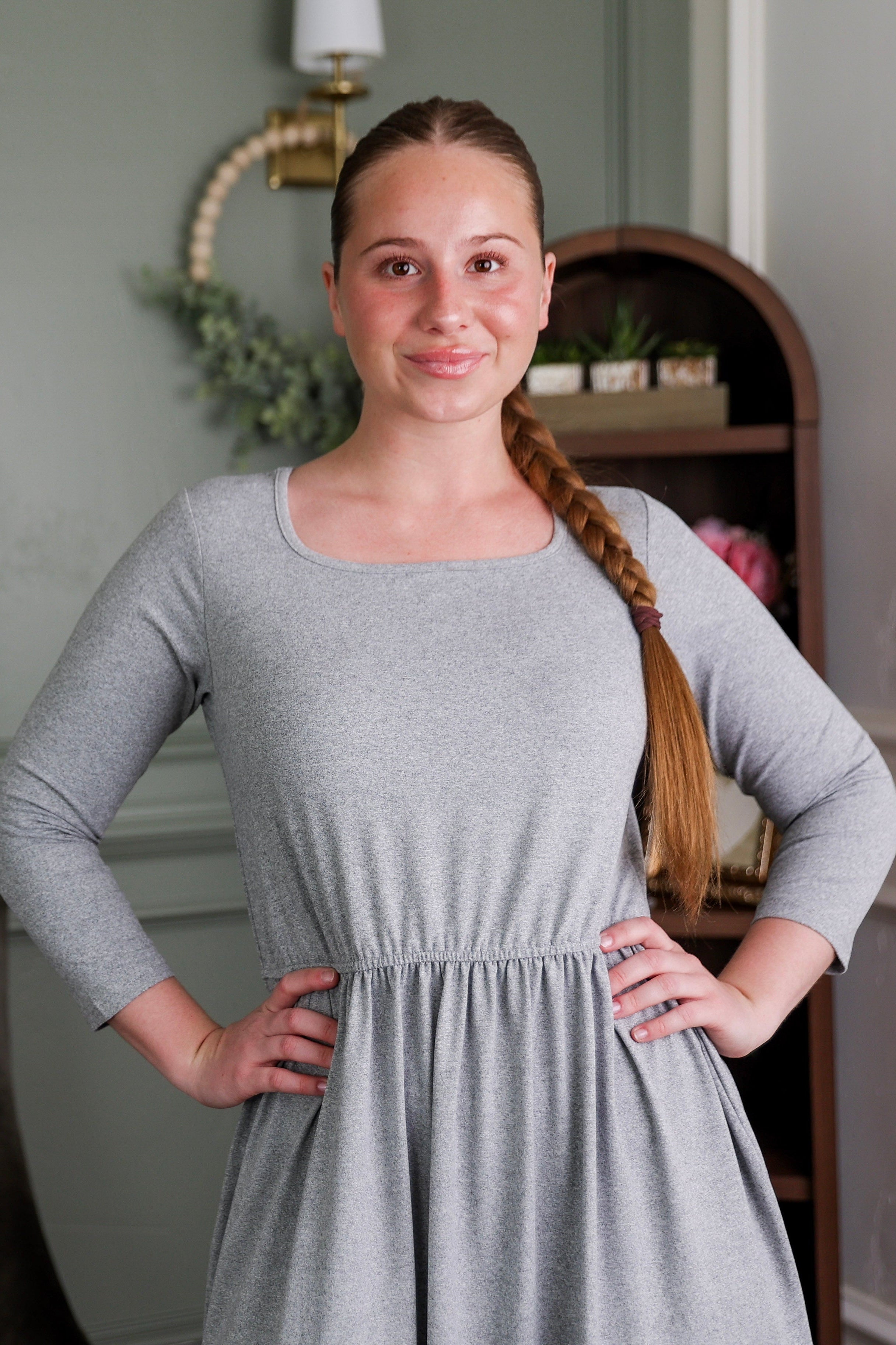 Model wearing Modest Nuggles® Nova Dress in Heather Gray