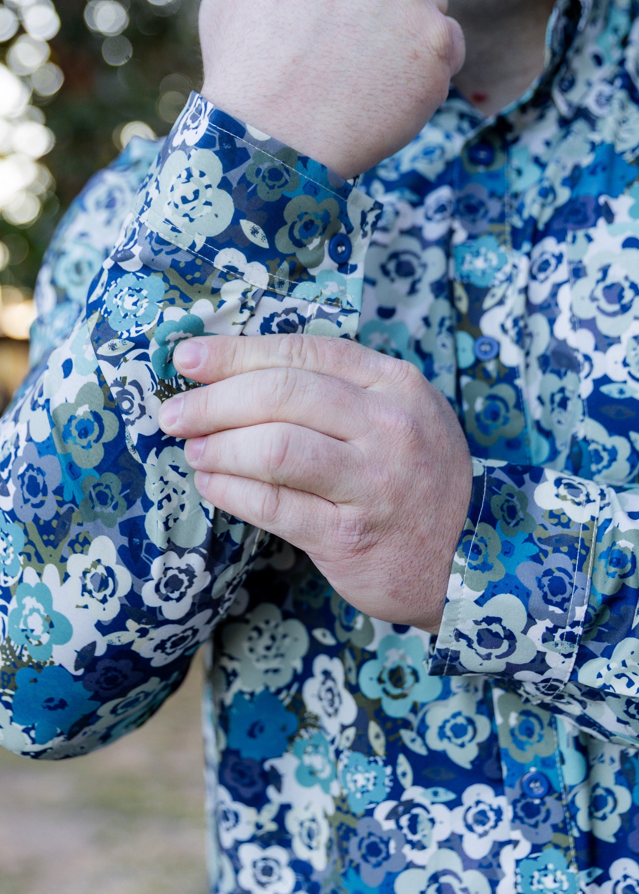 Model wearing Nuggles® Mens' Button Down Shirt Storm Brush