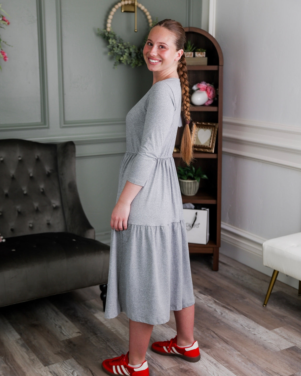 Model wearing Nuggles® Nova Dress in Heather Gray