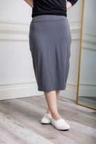 27-inch inch modest midi tee skirts in solid colors, prints, featuring a wide yoga-style waistband and soft stretch t-shirt fabric