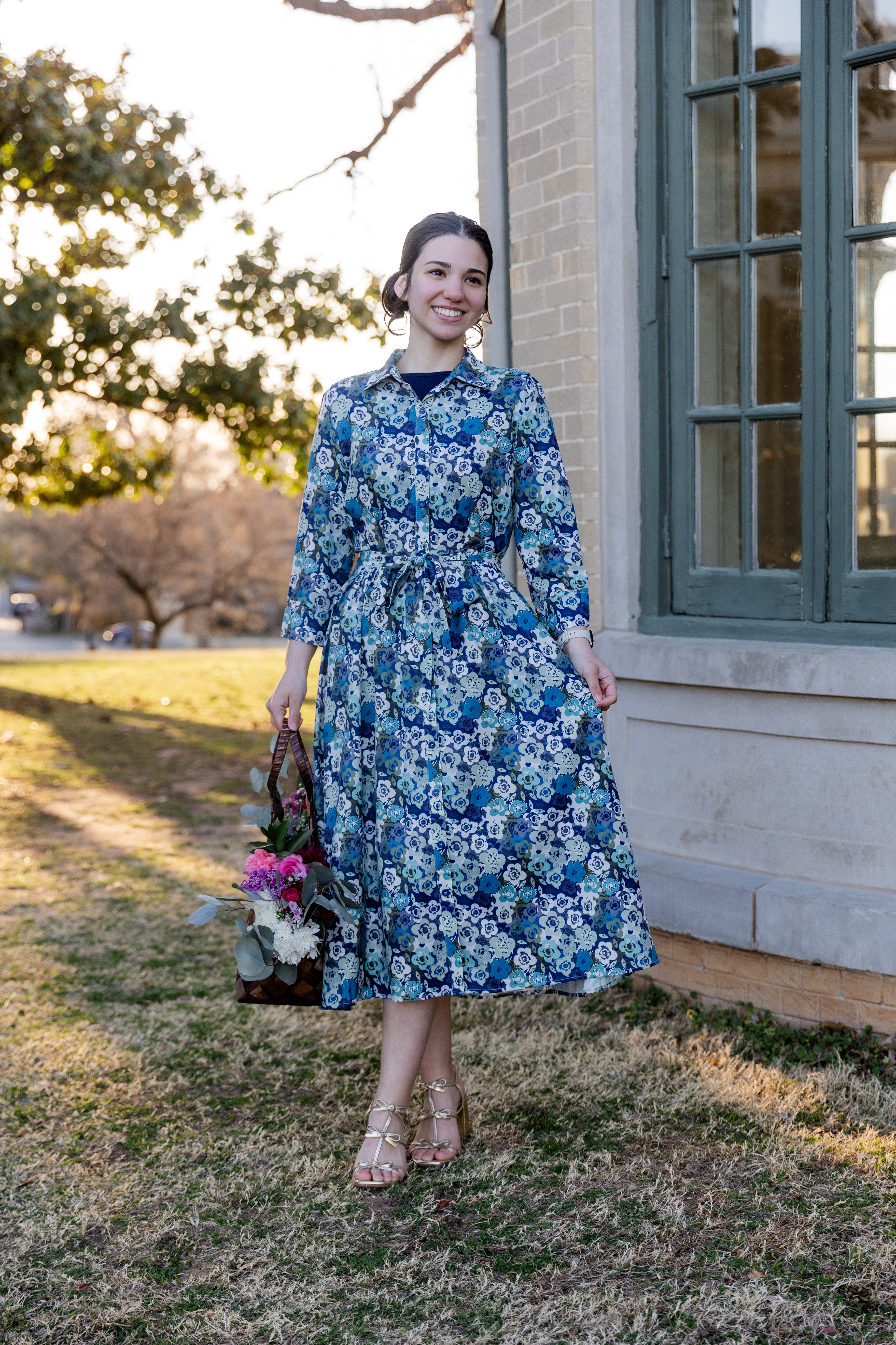 Model wearing the Nuggles® Rachel Dress in Storm Brush